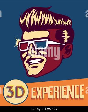 3d experience. Vintage Retro homme portant lunettes 3d, cinéma 3D, le cinéma de science-fiction rétro lunettes futuristes, réalité virtuelle Illustration de Vecteur