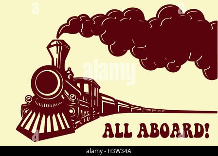 Tous à bord ! Train à vapeur avec la locomotive Vintage puff fumée illustration vectorielle, isolés, voyageant de fer puffer Illustration de Vecteur