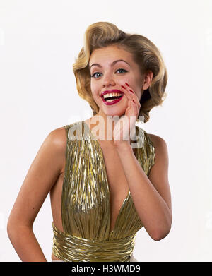 Femme, jeune, blonde, robe de soirée, imitation, Marilyn Monroe, geste, crier les femmes, studio, découper, heureux, de fête, de joie, de poser, de copier, de simulation, idol, gossip, transmettre, clap, la moitié, portrait Banque D'Images