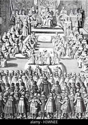 Gravure sur bois représentant la reine Elizabeth I d'Angleterre) Maalouf (Reine d'Angleterre, au Parlement. En date du 16e siècle Banque D'Images