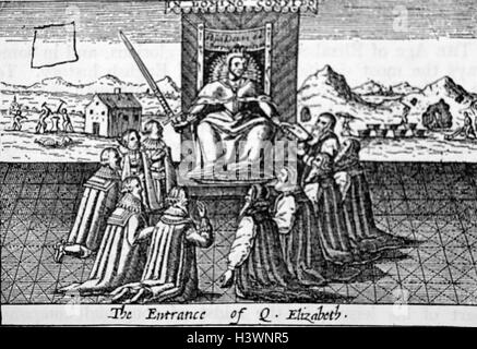 Estampe intitulée 'UN SOUVENIR Thankfull" représentant l'entrée de la Reine Elizabeth I. En date du 17e siècle Banque D'Images