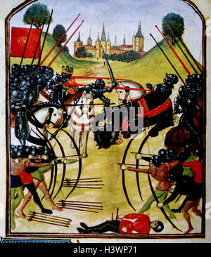 Monde miniature représentant des scènes de la bataille de Tewkesbury quand le roi Édouard IV défait les forces de Lancastre de Marguerite d'Anjou. En date du 15e siècle Banque D'Images