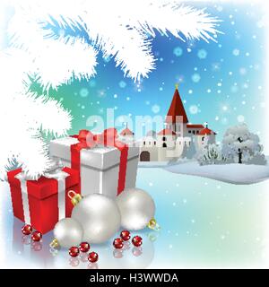 Couleur bleu avec message d'accueil château et des cadeaux de Noël Illustration de Vecteur