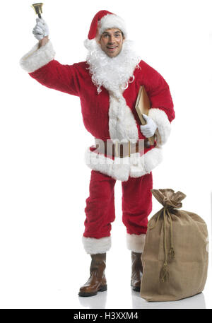 Noël, Santa, pochette, Bell, Noël yule marée, x-mas, l'homme, les jeunes, se dresse, annonce coiffures, cap, Santa's hat, a fait cap, rouge, doublure, costume, pour Noël, le costume du Père Noël, la barbe, la barbe, l'ivresse, Père Noël, Santa Claus, anneau, anneau, peu Banque D'Images