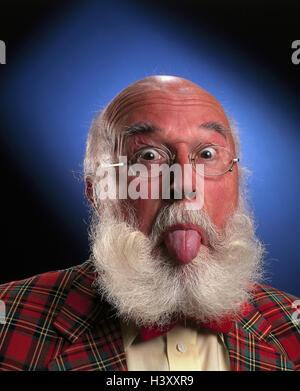 Senior, tête chauve, veste, vérifié, lunettes, barbe, langue, Rau's passages, jouer du visage, portrait, Senior, à l'intérieur, l'homme, vieux, barbe complète, blanc, cloisons, veste, veste de sport, Écosse, son échantillon, carré, rouge, malicieusement, mal, vilain, naughtily, fun Banque D'Images