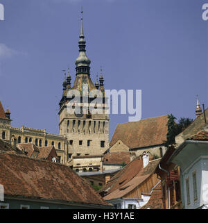 Roumanie, Sighisoara, Vue sur Ville, tour 24h/14, 100., détail, au sud-est, en Europe, la Transylvanie, la Transylvanie, Schäss château, vieille ville, structure, tour de l'horloge, tour, 64 m de haut, l'architecture, de l'horloge, point d'intérêt, de la culture, maisons, maisons résidentielles, ro Banque D'Images