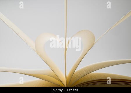 Des pages de livre formant une forme de coeur sur fond blanc lumineux Banque D'Images