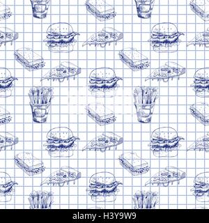 Fast food à la main. Burger, pizza, frites des illustrations détaillées. Idéal pour l'école cafe menu ou bannière. Squared Illustration de Vecteur