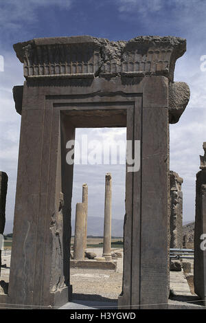 L'Iran, province Fars, Persepolis, ruine, site du palais résidentiel de Daraios Apadana, piliers, le Moyen-Orient, l'avant à l'Est, au Proche-Orient, la ville, le palace, Palais Darius, Darius palace, palace, temple, temple ruine ruine, foyer, l'archéologie, l'archéologie, l'UNESCO-wor Banque D'Images