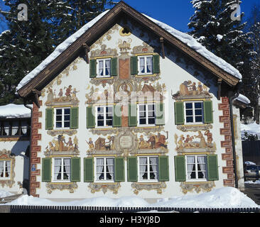 Germany, Bavaria, Oberammergau, Hansel et Gretel - Accueil, Lüftlmalerei, winter house, façade de maison, façade, peinture de façade, Peinture, peintures, grace note, la peinture en plein air, la technologie, la technologie Lüftelmalerei, conte de fées, représentation, Hansel et Gretel Banque D'Images