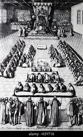 Gravure sur bois représentant la reine Elizabeth I d'Angleterre) Maalouf (Reine d'Angleterre, au Parlement. En date du 16e siècle Banque D'Images