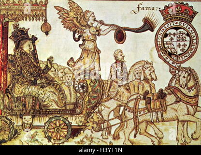 Gravure sur bois représentant la reine Elizabeth I d'Angleterre) Maalouf (Reine d'Angleterre, équitation dans le char de la renommée. En date du 16e siècle Banque D'Images