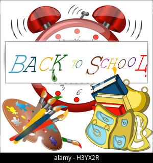Bannière retour à l'école, signer, Big Red réveil,Besace Sac avec pinceaux et couleurs, l'icône de l'étude. Illustration de Vecteur