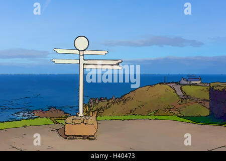 Lands End Cornwall UK célèbre enseigne sur la côte de Cornouailles illustration comme effet de bande dessinée Banque D'Images