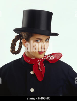 Femme, doublure, ramoneur, foulard, jouer du visage, portrait, concepts, ramoneur, femme, l'occupation, de soins, de cylindre, chance bringer, icône, studio, cut out, laïcs, de l'embarras, Banque D'Images