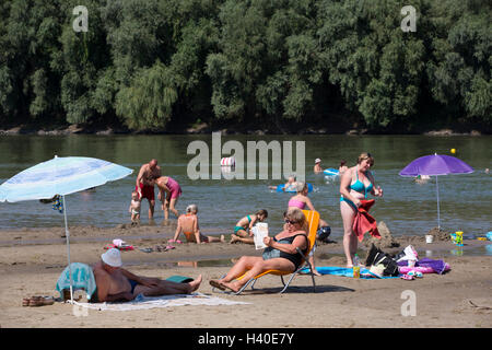 Les hongrois appréciant les températures d'été à Koros Torok plage de sable le long de la rivière Tisza, Csongrád, Hongrie Banque D'Images