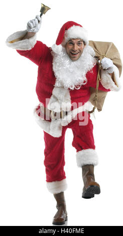Noël, Santa, pochette, Bell, Noël yule marée, x-mas, l'homme, jeune, s'exécute, annonce une motion, coiffures, cap, Santa's hat, a fait cap, rouge, doublure, costume, pour Noël, le costume du Père Noël, la barbe, la barbe, l'ivresse, Père Noël, Santa Claus, anneau, anneau, l Banque D'Images