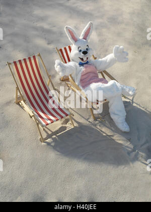 Plage de sable fin, transats, lapin de Pâques, reste vague, doublure, panneaux, costume, costume de lapin de Pâques, le lièvre, le lièvre, le costume de Pâques, fête de Pâques, foi de l'enfant, l'humour, fun, drôlement, amical, heureux, location, vacances, vacances de Pâques, le soleil des bancs, les loisirs Banque D'Images