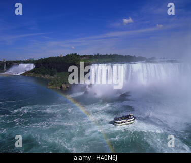 Canada, Niagarafälle, fer à cheval, de cas cas américain, bateau de tourisme, "l'aide de la Brume", arc-en-ciel Canada, Ontario, cascade, horseshoe cas, cascades, la jurisprudence américaine, les USA, l'Amérique, marge, excursion en bateau, maison de vacances de bateau, navire, bateau d'excursion, tourisme, touristique, des passagers, de l'énergie de la nature, la nature, l'eau, spectacle rugissant, site d'intérêt Banque D'Images