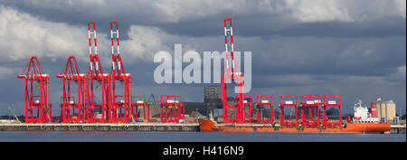 Grues à portique (CRMG) opérationnelles en porte-à-faux; grues à conteneurs en acier chinois arrivent à Seaforth. Le navire chinois Zhen Hua 8 livre le deuxième lot d'énormes grues sur portique à bras en porte-à-faux opérationnelles montées sur rail à assembler dans le port de conteneurs Liverpool 2 Seaforth en expansion. Merseyside, Royaume-Uni Banque D'Images