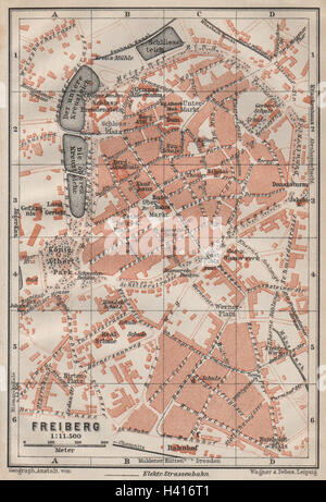 Ville antique ville stadtplan Freiberg. La Saxe karte. 1910 BAEDEKER ancienne carte Banque D'Images