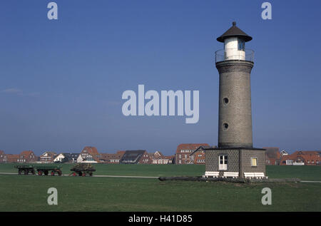 Allemagne, Basse-Saxe, en Frise orientale, l'île de Juist, phare, Memmertfeuer les Frisons de l'Est, île, vue locale, tour, gyrophare, signal, la navigation, l'orientation, orientation, aide à la navigation Banque D'Images