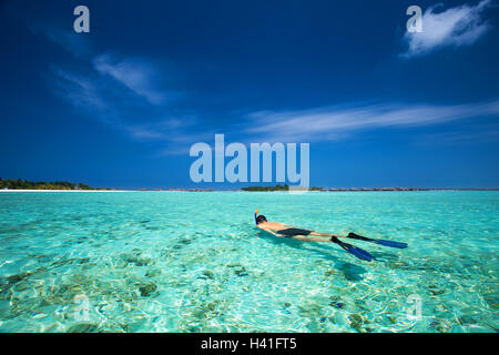 Jeune homme snorkling en lagune tropicale avec des bungalows sur pilotis Banque D'Images