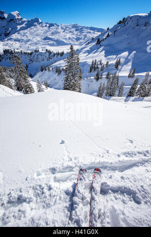 Skieur prêt à aller skier sur les pistes de ski dans la région de Hoch-Ybrig ski resort, Canton de Schwyz, Suisse Centrale Banque D'Images