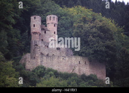 Allemagne, Hesse, Neckarsteinach, château Schadeck, Europe, Centre de l'Allemagne, rivière Neckar, 'nid' plongée intentionnelle, de la structure, l'architecture, construit en 1230, ruine, ruine du château, place d'intérêt, vue Banque D'Images