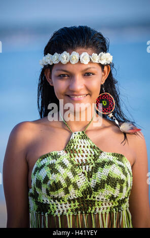 Mixed Race woman with wet hair wearing flower headband Banque D'Images