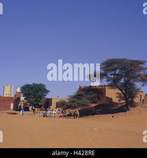 La Mauritanie, région de l'Adrar, Chinguetti, Neustadt, périphérie, caravane, reste, en Afrique, l'Ouest, Afrique, ville oasis, vue sur ville, ville, oasis, les animaux, les mammifères, les animaux, équitation, animaux, chameaux, dromadaires, caravane de chameaux, pause, personne, mauritanien, Moor, sable, mauritanien, paysages sauvages, désert, Banque D'Images