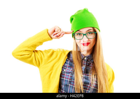 Hipster Girl Going Crazy Funny isolated on White Banque D'Images