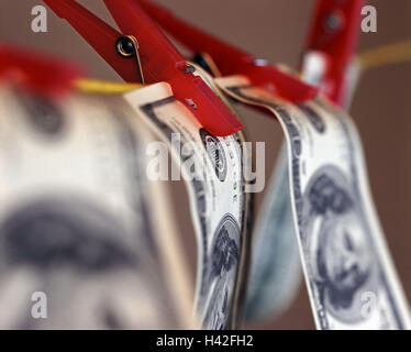 Icône, le blanchiment, corde, dollar notes, raccrochez, détail, corde, câble, billets de banque, billets de banque, dollar, des pinces, de la fixation, le fixer, sec, la criminalité en col blanc, l'activité criminelle, l'argent, meanses paiement, still life, photographie de produits Banque D'Images