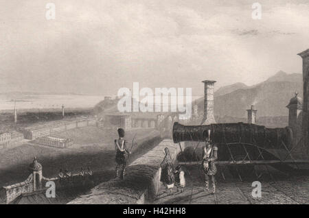 Remparts du château d'Édimbourg. Les armes à feu Mons Meg. L'Écosse. BARTLETT c1840 Banque D'Images