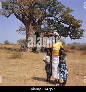 Sénégal, Thiès, région de savane, Baobabbaum, tombeau des griots, enfants, photo de groupe, l'Afrique, à l'Ouest, d'Afrique, le décor, les plantes, la végétation, l'arbre, Baobab, arbre tombe, tombe, Griot, personne, sénégalais, la peau sombre, les frères et sœurs, trois, posent, filles, sœurs, la nature, Banque D'Images