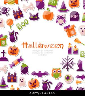 Carte d'Halloween. Ensemble d'enseignes lumineuses, icônes et d'objets Illustration de Vecteur