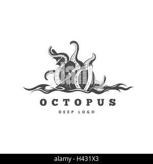 Kraken méchant géant, silhouette logo monstre de mer, les tentacules de la pieuvre Illustration de Vecteur