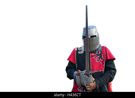 Armure médiévale chevalier casque de métal et isolé sur fond blanc Banque D'Images