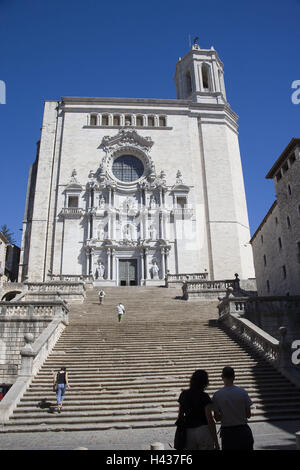 Cathédrale, Asltstadt, Gérone, Costa Brava, Catalogne, Espagne, Gerona, structure, historiquement, la construction sacrée, église, église, architecture, escalier, Perron, escaliers en hausse, personne, passant, point d'intérêt, monument, à l'extérieur, Banque D'Images