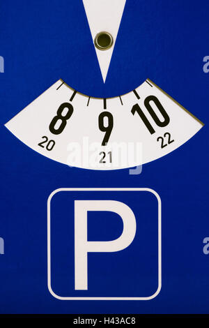 Disque de stationnement, Stilllife, enregistrement matériel, l'heure, réveil, heure, date, parking, dépassé, bleu, parc, durée, set, icône, l'arrivée d'arrivée, Banque D'Images