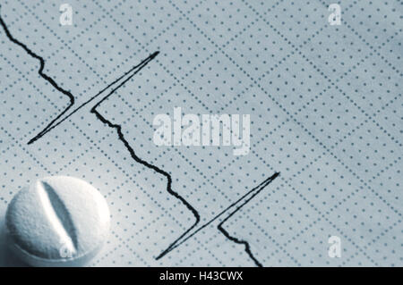 Cardiogramme Tape Graph Macro gros plan, comprimé blanc, gros gros gros gros plan bleu horizontal macro gros plan, perspective décroissante Banque D'Images