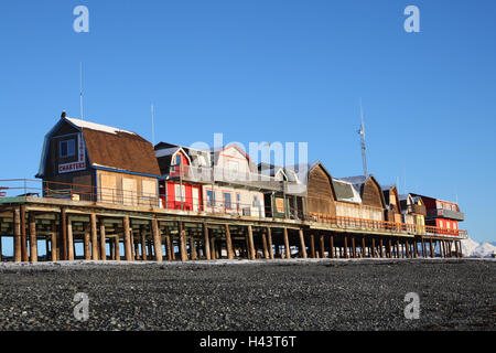 Homer, Alaska, maisons de plage, l'hiver, Banque D'Images