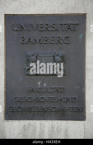 Allemagne, Haute-Franconie, Bamberg, université, signe, détail, Bavaria, ville universitaire, université, bâtiment, à l'extérieur, l'éducation, l'enseignement universitaire, d'enseignement, de connaissance, d'étude, FACTORIELLE, manteau des bras, Banque D'Images