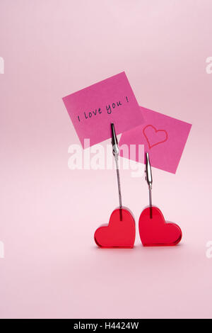 Remarque titulaire, rouge, coeur, sous forme de note papier, 'Je vous aime', Banque D'Images