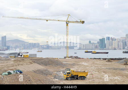 La Chine, Hong Kong, site de construction, des tours, des hommes au travail, grue, machines de construction, Banque D'Images