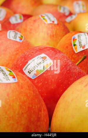 Les pommes, 'Jonah's gold', l'étiquette adhésive, le Tyrol du Sud, Banque D'Images