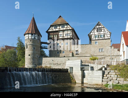 Allemagne, Bade-Wurtemberg, Balingen, Zollernschloss dans l'Eyach, à colombages, l'Eyach, Eyachtal, bâtiment à colombages, tour ronde, verrou, château, tour, Weir, château d'un bâtiment, d'architecture, la place d'intérêt, destination, tourisme, Z Banque D'Images