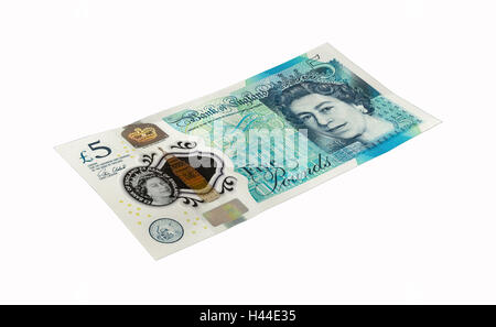 L'avant de nouveaux 'Cinq' cinq pound note de la Banque d'Angleterre. Isolé sur un fond blanc. Banque D'Images