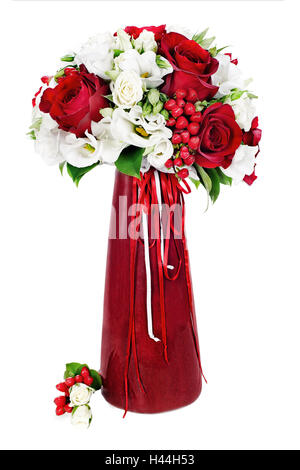 Bouquet de fleurs colorées en rouge centre arrangement vase isolé sur fond blanc. Banque D'Images