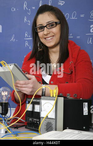 La physique, de l'école hall, girl, électricité, tentative, Banque D'Images